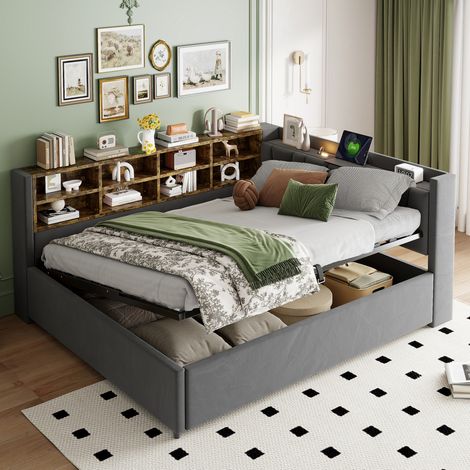 Letto matrimoniale contenitore in velluto 140x200 DESVIAE (1/5)