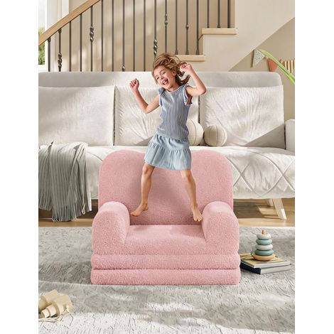 Canapé enfant 2-en-1 convertible – Fauteuil méridienne en mousse confortable – Housse sherpa douce – Idéal chambre, salle de jeux, crèche – Cadeau fille/garçon – Rose, 2106-25 (1/5)
