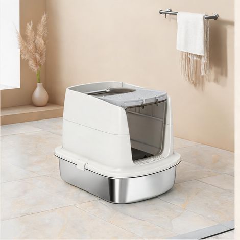 Litière fermée en acier inoxydable blanc avec accès double (1/5)