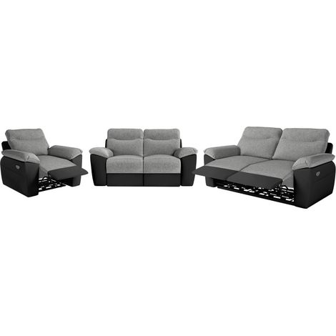 Canapés de relaxation ROSS électriques 3 et 2 places et fauteuil en tissu et simili - Noir/Gris (1/5)