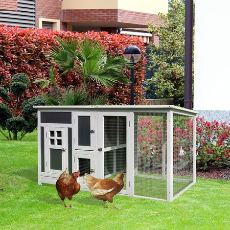 Poulailler pour poules pondeuses - 160x75x80 cm - avec toit et zone de course étanches - nidification en bois - en plein air - gris et blanc