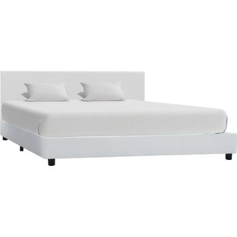 Lit adulte simili cuir blanc et pieds bois massif noir Nyam 180x200 cm (1/5)