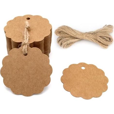 100 Pcs Etiquettes Kraft, Etiquettes Cadeaux, 6 cm, avec Ficelle de Jute pour Cadeaux de Mariage, Anniversaire Artisanat (1/5)
