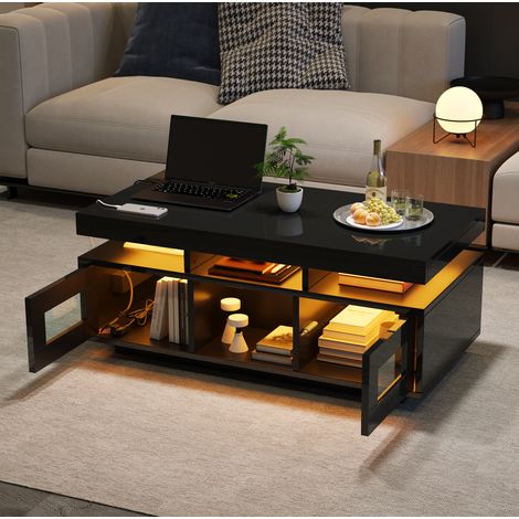 Table basse 100x50x43 cm noire en panneaux de particules brillants avec LED, prise et rangements (1/5)