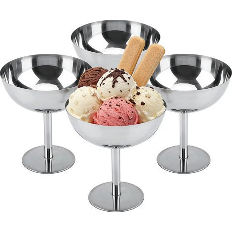 Ensemble de 4 coupes à glace en acier inoxydable - Ø 10 cm - 200 ml, coupes à dessert vintage en acier inoxydable, verres à cocktail à pied, coupes à glace pour fruits, salades, yaourts et autres dess (1/5)