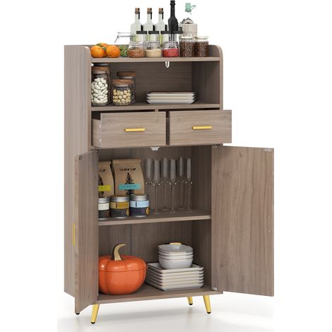 Meuble Salle de Bain Rangement, Armoire Salle de Bain avec 2 Tiroirs Placard à 2 Portes, Compartiment Ouvert, Étagère Réglable, 30 x 60 x 113CM, Gris (1/5)