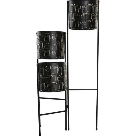 Support pour plante en métal noir visage design moderne - noir motifs visage doré (1/4)