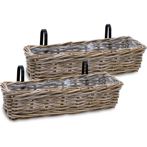Rattan Balkonkasten natur 60 x 20 cm - 2er Set - Weide Pflanzkorb mit Halterung -  Balkon Garten Blumenkasten Pflanztopf Blumenkorb zum Einhängen an Geländer