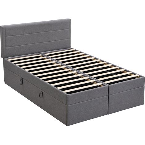 Gepolstertes Doppelbett 140x200 cm grau mit Hebe-Rahmen und Stauraum (1/5)