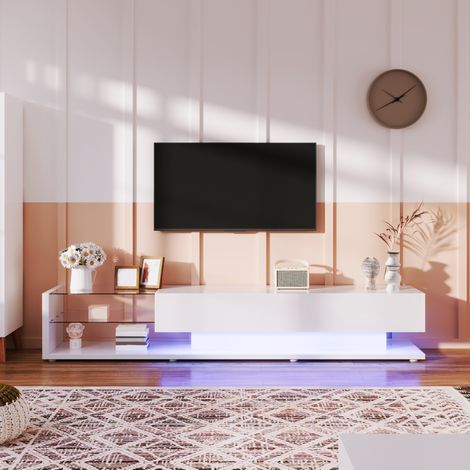 Meubles TV, panneaux bas, cloisons en verre blanc brillant et éclairage LED modulable. Ce style allie un charme naturel et rustique à un design moderne. (1/4)