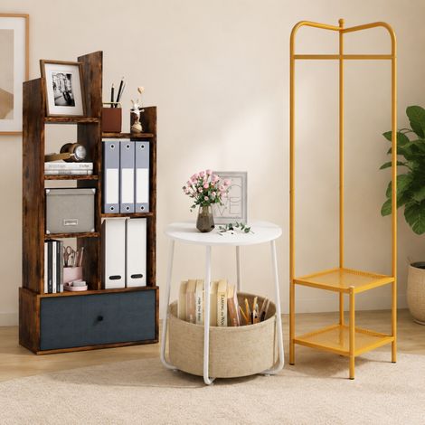 Conjunto de muebles de almacenamiento para el pasillo «Gold Corner» (3 piezas): perchero de esquina, estantería de 7 estantes y mesita auxiliar redonda (1/5)
