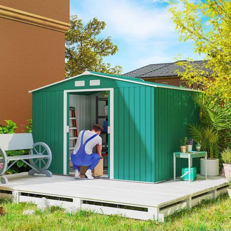 Abri de jardin 4,9 m² avec fondation - 277x195x192 cm - tôle en acier à outils - 4 bouches d’aération et 2 portes coulissantes - vert foncé (1/4)