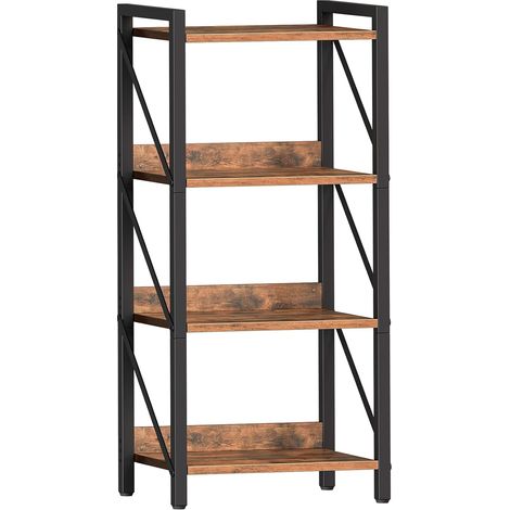 Bibliothèque à 4 Niveaux, Étagère d’Angle Industrielle, Présentoir avec Rangement, Cadre métallique, pour Salon, Chambre, Bureau, Cuisine, entrée, Marron Rustique et Noir EBF40SJ01 (1/5)