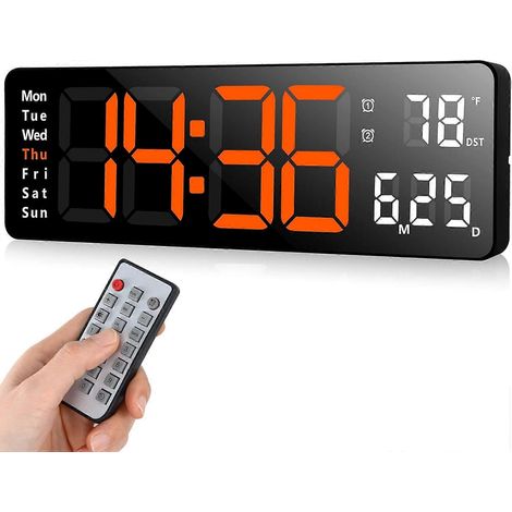 Horloge murale numérique, horloge murale avec date, horloge murale moderne pour salon, horloge murale silencieuse pour chambre avec télécommande (orange, 33 cm) (1/5)