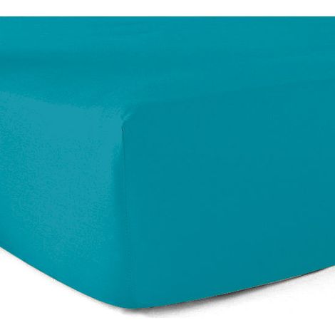 Drap-housse 100% coton 57 Fils Bleu turquoise 160 x 200 cm - Bonnet 30 cm (1/5)