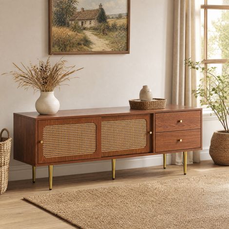 Meuble TV en MDF noyer avec 2 portes coulissantes en rotin – 2 tiroirs – 4 compartiments –Pieds en métal –160x40x60cm (1/2)