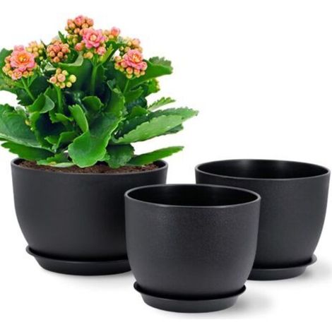Set of 3 Plastic Flower Pots 18/16/14 cm, Modern Planters with Drainage Holes and Detachable Saucer, Black (1/5)