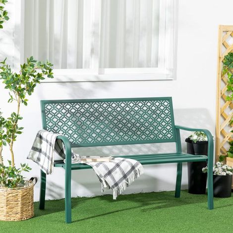 Banc de jardin - 2 places - Acier thermolaqué - Résistant aux intempéries - Dossier et accoudoirs (1/5)