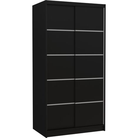 Les Tendances – Petite armoire noire 2 portes coulissantes – Dimensions L 100 x H 200 x P 58 cm – Penderie et étagères réglables – Bois noir mat (1/5)