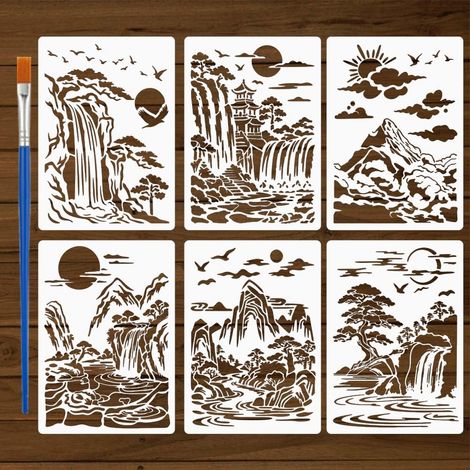 6Pièces Pochoirs Paysage Oriental Avec Pinceau 29,7x21cm Pochoirs Montagne Cascade Réutilisables Pochoir Paysage Style Chinois pour Tissu, Mur, Meubles, Décor DIY (1/5)