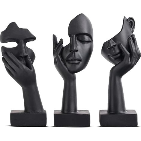 Lot de 3 Statues Noires pour décoration d'intérieur - Visage de Femme - Statue de Collection pour la Maison Moderne (1/5)