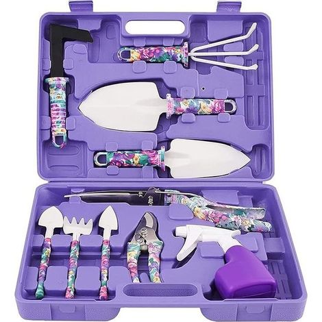 10 Pièces Kit outils du jardinier Outils de Jardinage Kit Cadeau Poignée Ergonomique avec Mallette de Rangement Anti-rouille Truelle Rateau Désherbeur Cisaillement Pulvérisateur Pelle (1/5)