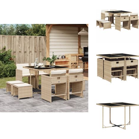 9-tlg. Garten-Essgruppe mit Kissen Beige Poly Rattan - Garten Essgruppe - Garten Essgruppen - Outdoor Essgruppe - Terrasse Essgruppe (1/5)