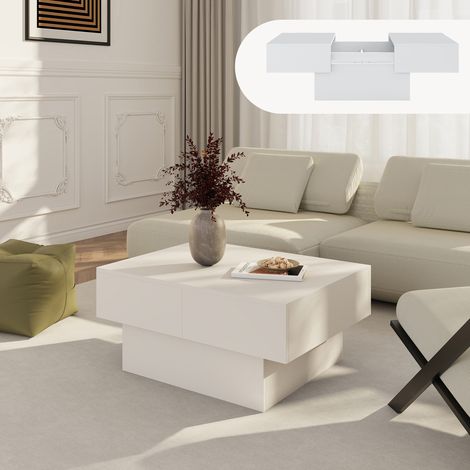 Tavolino Centrale Lens da Salotto con Piano Scorrevole 80 x 60 x 36 cm - Bianco [en.casa]