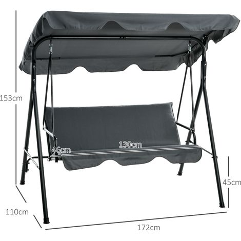 Balancelle Hollywood avec coussin d'assise, balancelle de jardin 3 places avec pare-soleil réglable, capacité de charge jusqu'à 240 kg, pour jardin ou terrasse, 172 x 110 x 153 cm, grise (1/5)