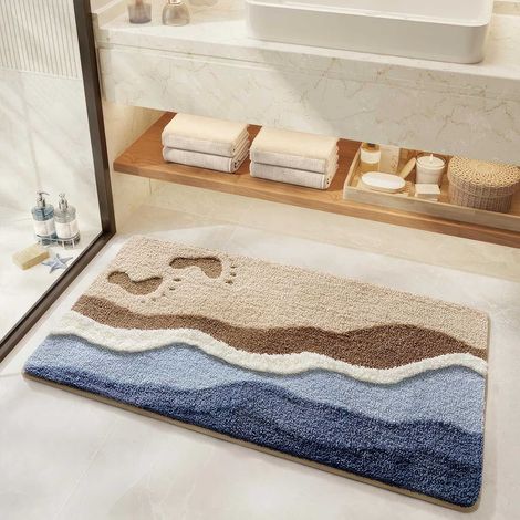 Plüschbadematte mit Strandmotiv, rutschfeste Matte mit Wellen-, Sand- und Fußabdruckmuster, weiche und saugfähige Polyester-Badematte, maschinenwaschbare Badematte 20 x 31 Zoll (blau).