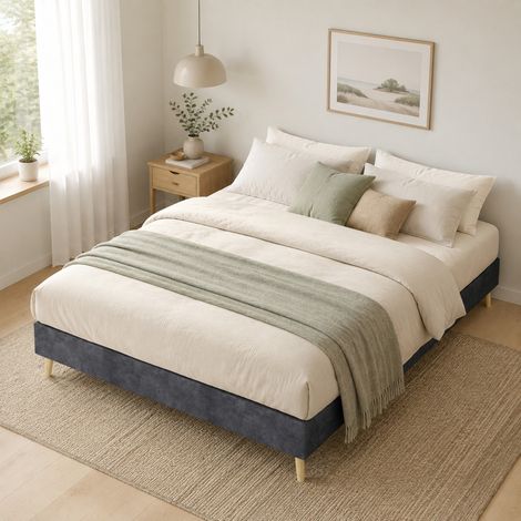 Cama 140x200 cm gris de terciopelo holandés, estructura baja sin cabecero ni colchón, HAVRYA (1/5)