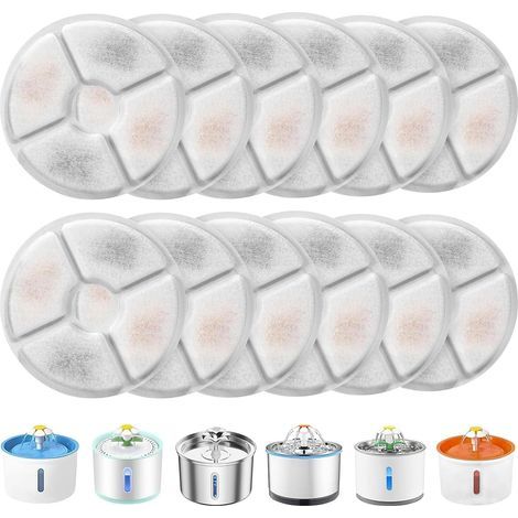 Lot de 12 Filtre Fontaine Eau Chat, Round Filtre de Fontaine à Eau Chat, Filtres de Rechange avec Charbon Actif et Résine Échangeuse d'Ions, pour 1.6-2.5L Fontaine à Fleur L'Animal (1/5)