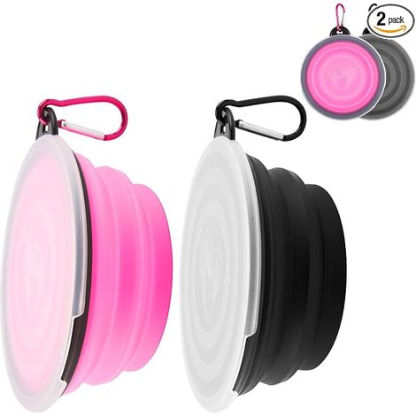 Bols Gamelles de Voyage pour Chien et Chat, Gamelles de Voyage Anti Fuites en Silicone, Mousquetons, Nourriture et Eau, 350 ML, Rose et Noir (1/3)