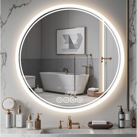 Miroir de salle de bain LED 70cm avec éclairage, montage mural, anti-brouillard, 4 couleurs réglables (70 x 70 cm, sans cadre). (1/5)