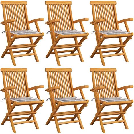 vidaXL Sillas plegables con cojines de estampado a cuadros grises, 6 unidades, madera maciza de teca. (1/5)