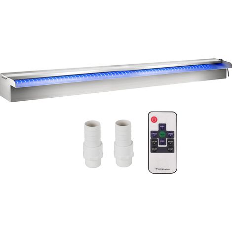 Déversoir à cascade piscine 90x11,5x8 cm fontaine chute d'eau de piscine acier inox avec bande LED colorée, connecteur de tuyau, télécommande, résistant à corrosion pour étang, jardin extérieur (1/5)
