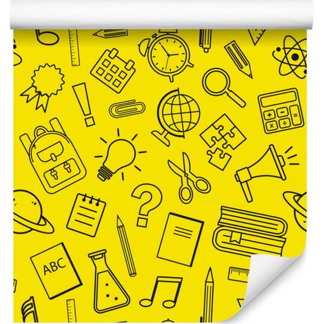Papier peint jaune « Fournitures scolaires » pour salon et chambre 50 x 1000 cm (1/5)