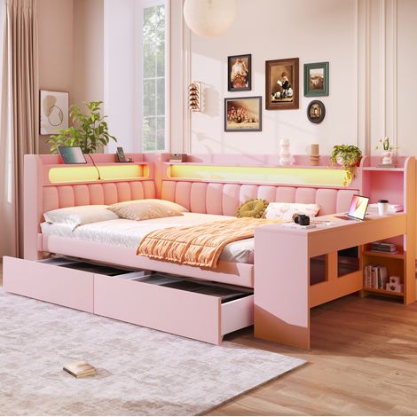 Lit double 140x200 cm avec 2 tiroirs, bureau, LED et ports USB, en lin, rose, sans matelas (1/5)
