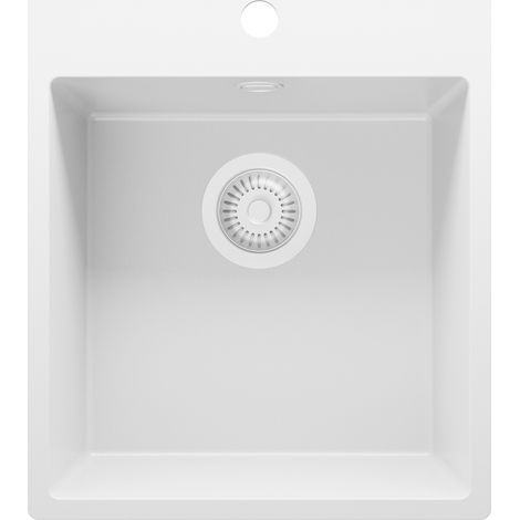 PRIMAGRAN Evier Cuisine en Granit 43x50cm, Lavabo 1 bac + Kit de Vidage, Évier à Encastrer au meuble 45cm - Riga, Tout Blanc