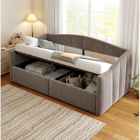 Schlafsofa Samt Grau 90x200 cm mit hydraulischem Stauraum, Lattenrost, Rückenlehne und Armlehnen (1/5)