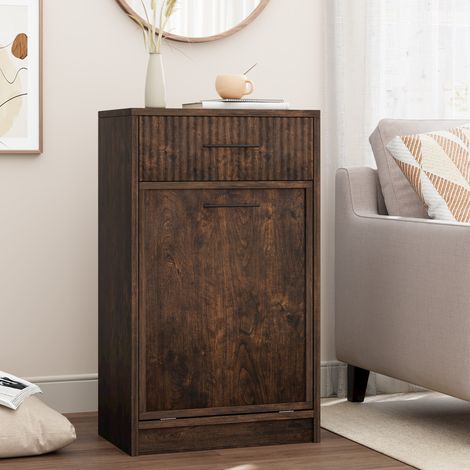 Meuble poubelle à abattant rainuré pour cuisine ou salle à manger – Bois massif, finition noyer – Compartiments pratiques, design anti-animaux – Monocasier, Coloris cerisier foncé, Single cabinet (1/5)