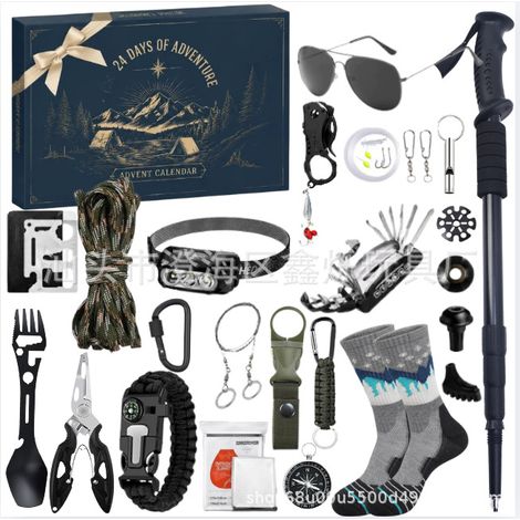 Calendrier de l’Avent kit de survie, coffret surprise 24 jours Noël, outils tactiques extérieurs pour camping randonnée, boîte mystère accessoires urgence, cadeau original pour aventuriers et amateurs