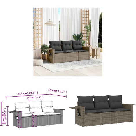 3-tlg. Garten-Sofagarnitur mit Kissen Grau Poly Rattan - Gartenmöbel - PE-Rattan Möbel - Outdoor Lounge Set - Rattan Sofas - Balkonmöbel - Home & Living (1/3)
