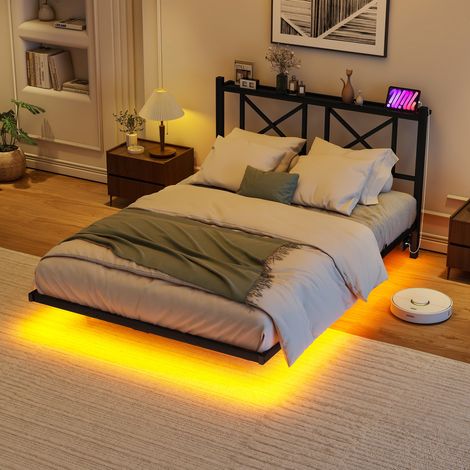 struttura letto 120x200 con LED USB sospeso nero HAVRYA (1/5)