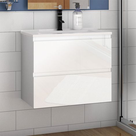 Badmöbel Waschtisch mit Unterschrank Waschbecken Badezimmer 60cm Hochglanz Weiß mit Waschbecken (1/5)