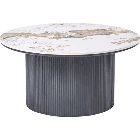 Coffee Table Black MDF Base ø 80 cm Ribbed Leg Ceramic Top White Marble Modern Design Living Room DORA (1/5)