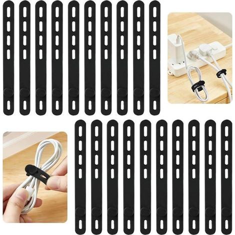 20 attaches de câble réutilisables en silicone noir pour fixer les câbles d'écouteurs, de téléphones portables et de chargeurs. (1/5)