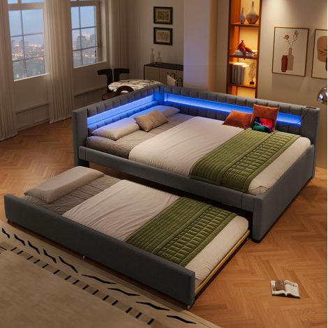 MEUBLIV Bettgestell 140x200 cm Grau – ausziehbares Bett mit LED und USB, ohne Matratze (1/5)