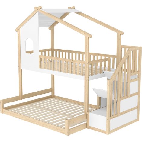 Haus-Hochbett 90x200 cm + 140x200 cm mit Absturzsicherung und Stauraumtreppe (1/5)