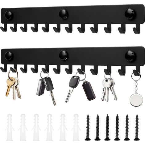 2 Porte-Clés Muraux Noirs 12 Crochets, Rangement Clés et Ustensiles (1/5)
